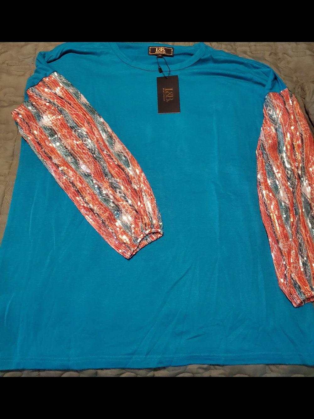 Lucky & Blessed Teal Long-Sleeve Top with Sequin-Striped Sleeves